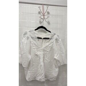 Jennifer & Grace White Eyelet Blouse L Boho Cotton Puff Sleeve Top